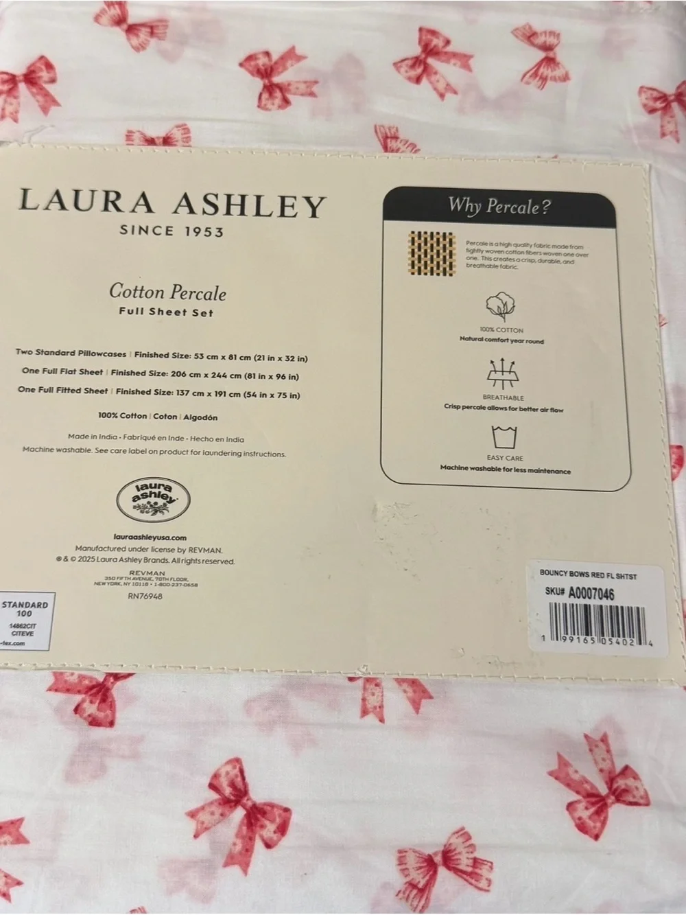 BOUNCY BOW RED Laura Ashley Cotton Percale FULL Sheet Set ~ Whimsical
